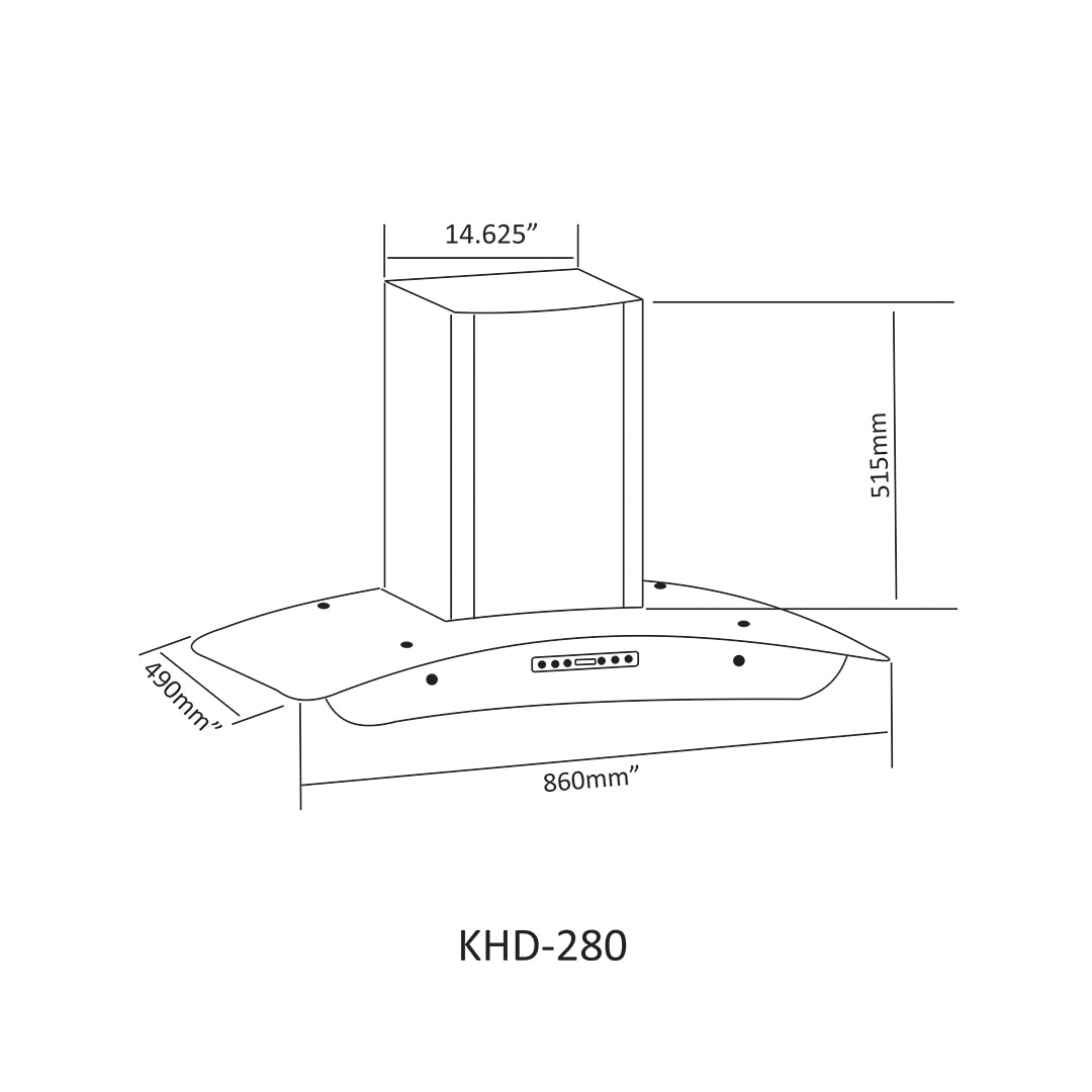 NasGas 86cm Smart Arc Glass Kitchen Hood (KHD-280) - Size