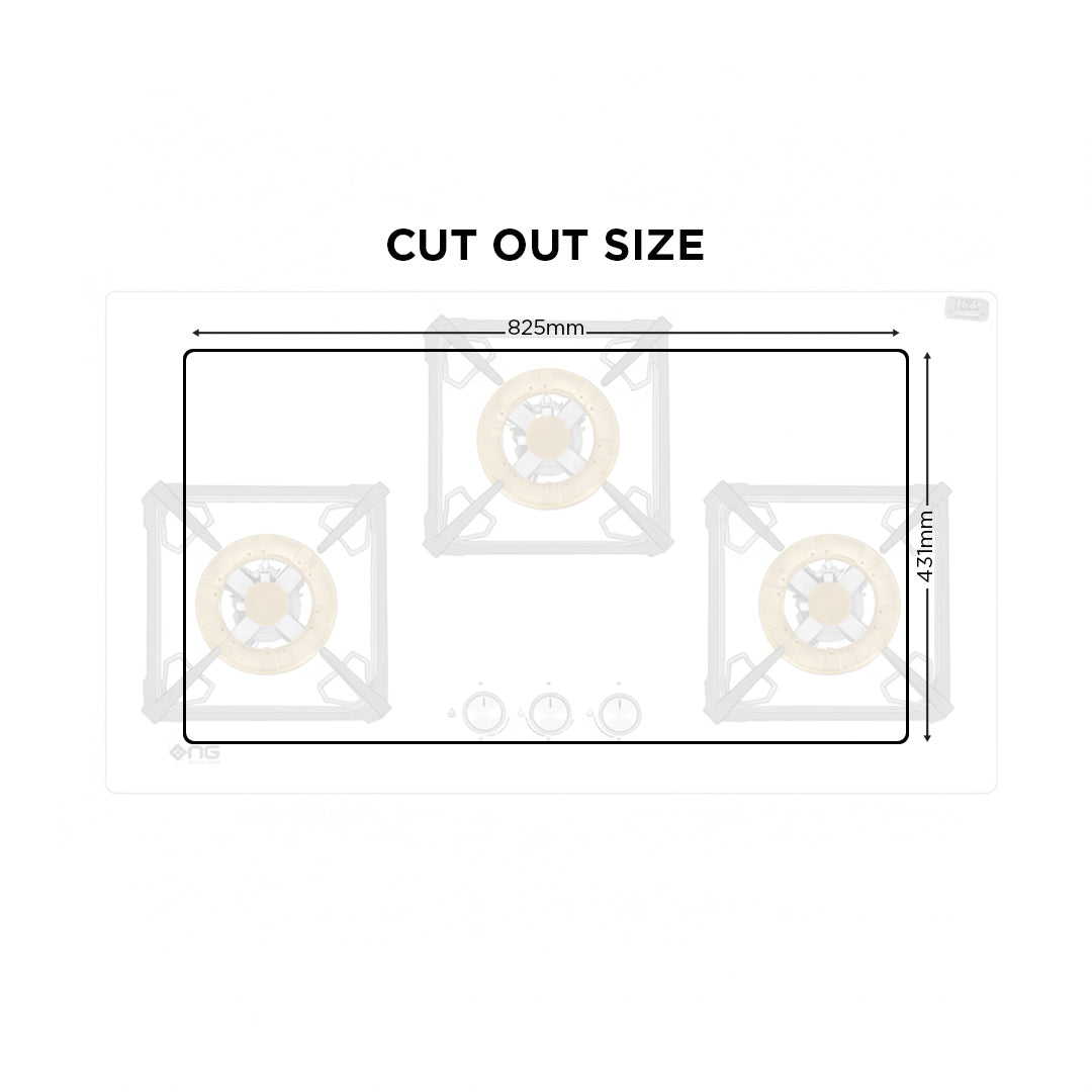 Measurement chart for cut-out size of a gas stove with dimensions labeled.