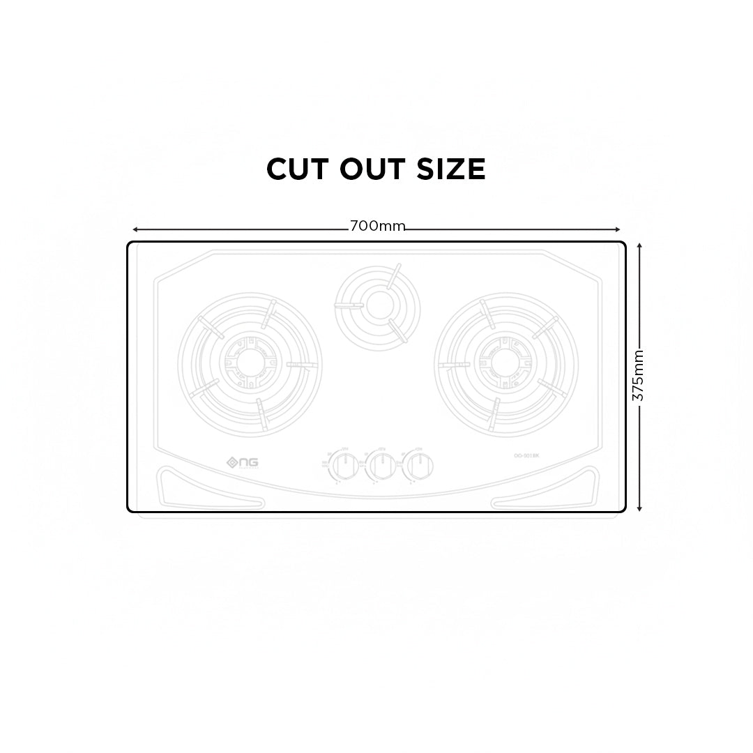 Diagram of a cooktop with dimensions labeled on a white background