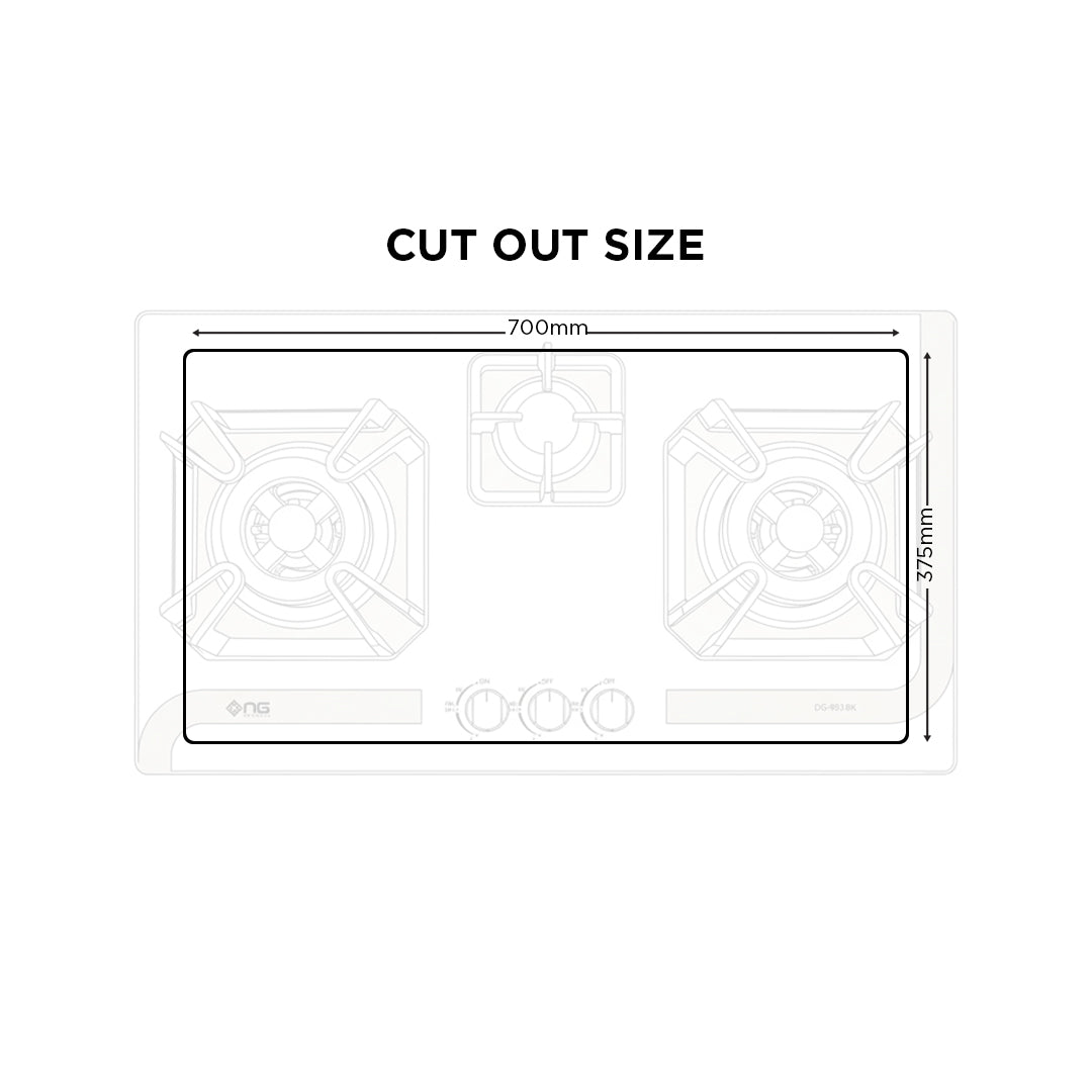 Measurement chart for a cooktop with dimensions labeled