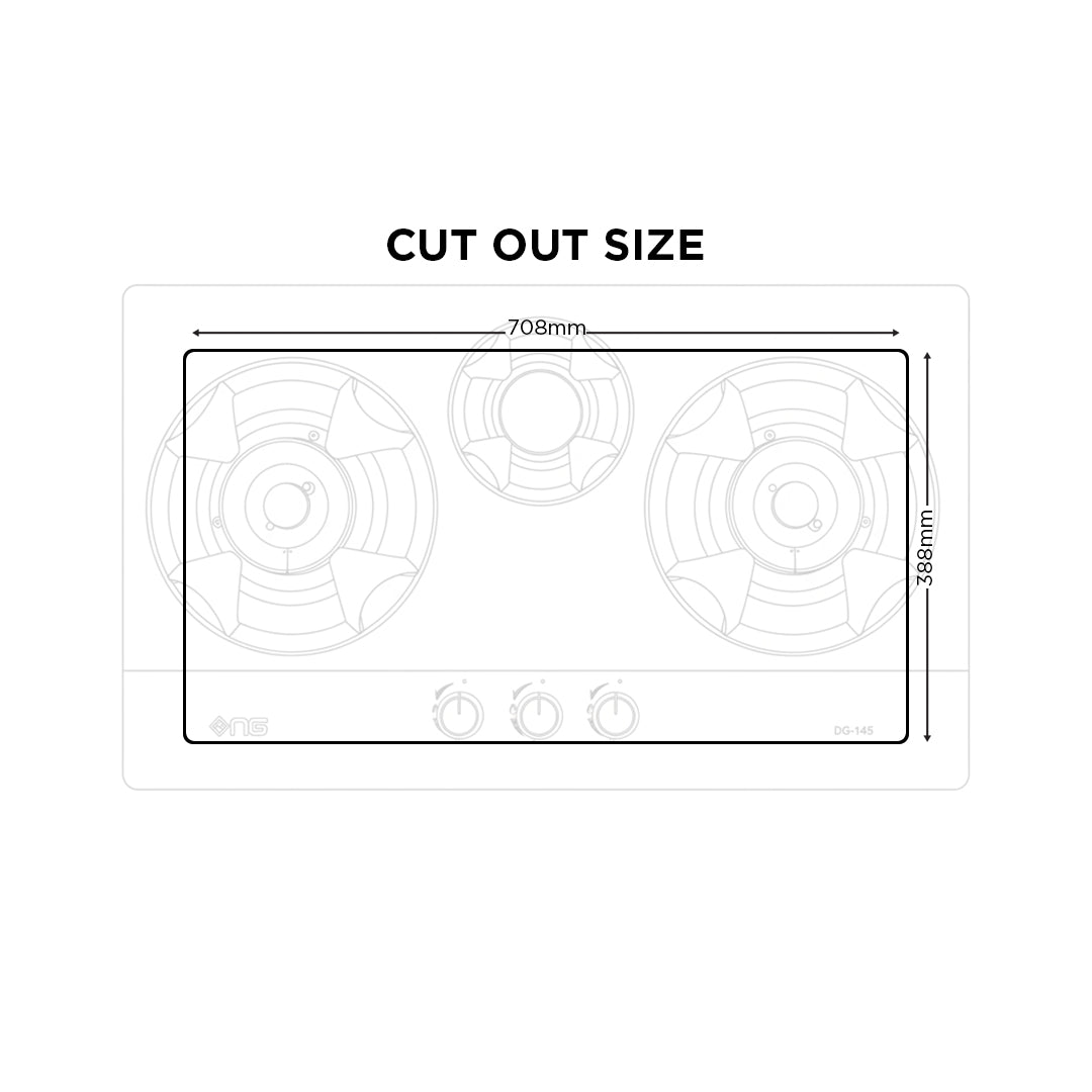 Diagram of a cooktop with dimensions labeled on a white background