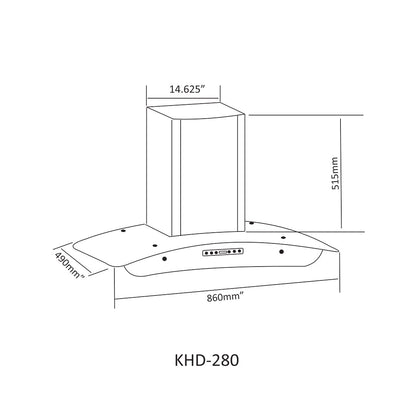 NasGas 86cm Smart Arc Glass Kitchen Hood (KHD-280) - Size