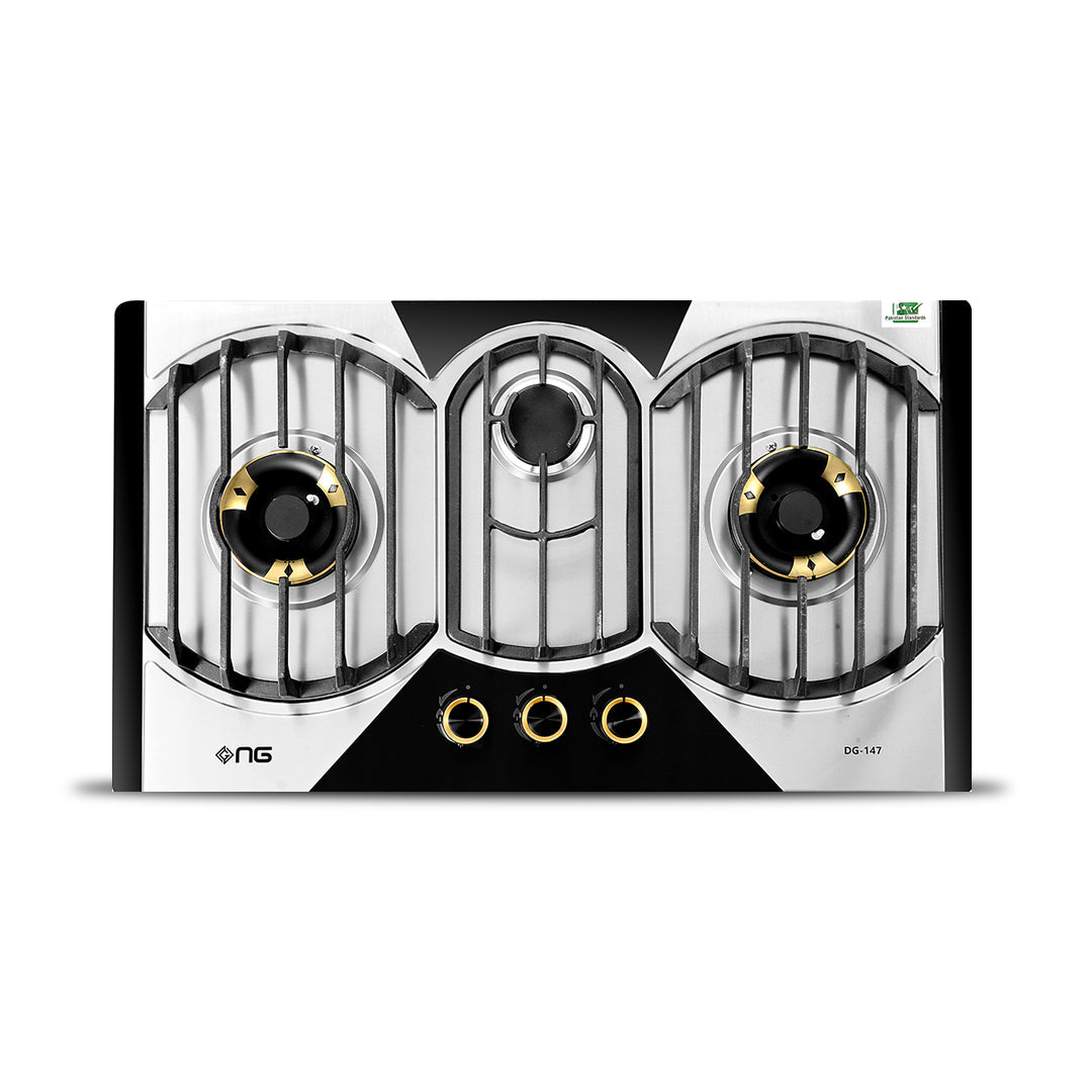 NasGas DG-147 3 Burner Brass Built-In Gas Hob Stainless Steel