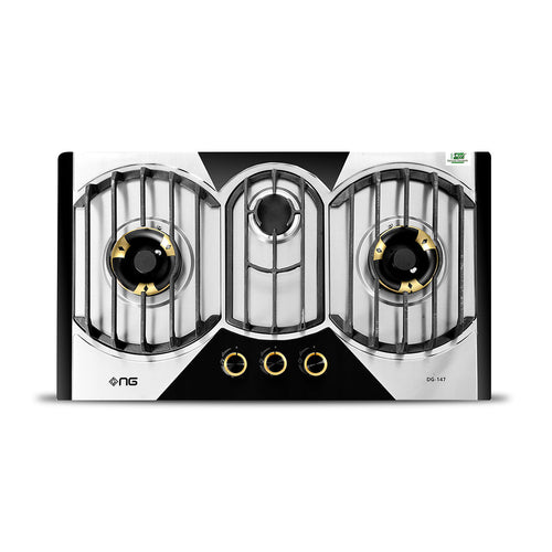 NasGas DG-147 3 Burner Brass Built-In Gas Hob Stainless Steel