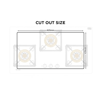 Measurement chart for cut-out size of a gas stove with dimensions labeled.