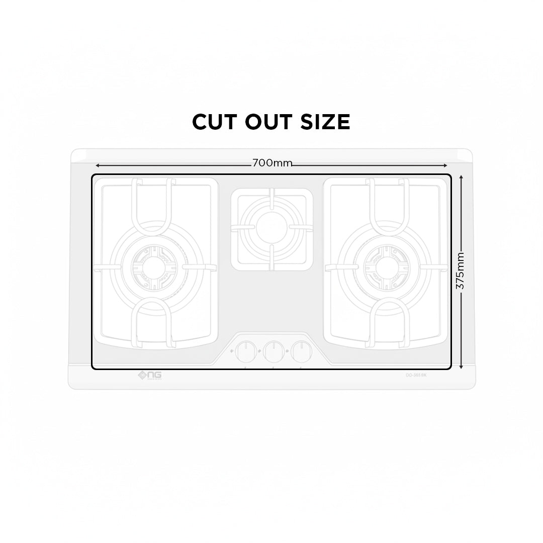 Diagram of a stove with dimensions labeled on a white background