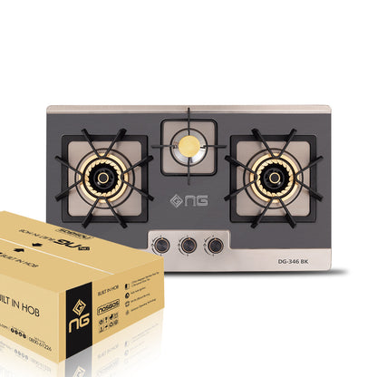 NasGas DG-346 BK Built-in Hob – 3 Burner Black & Steel Design with 5.5Kw Burners