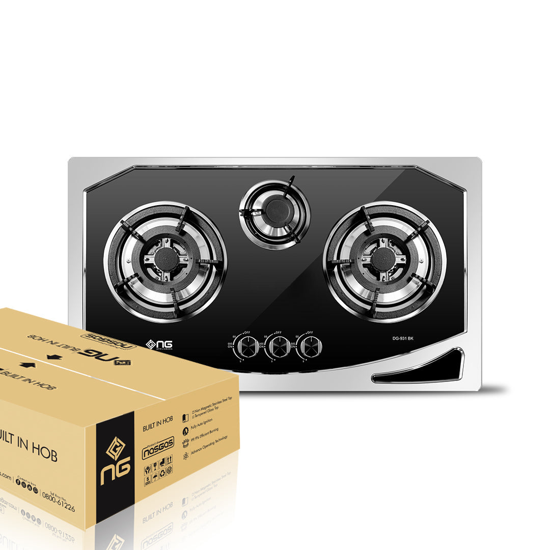 Gas stove with three burners and a matching NG branded box on a white background