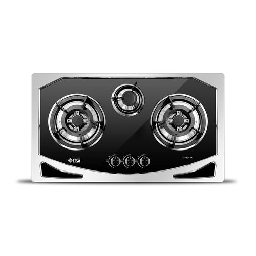Three-burner gas cooktop with a black glass cooktop and silver burners on a white background.