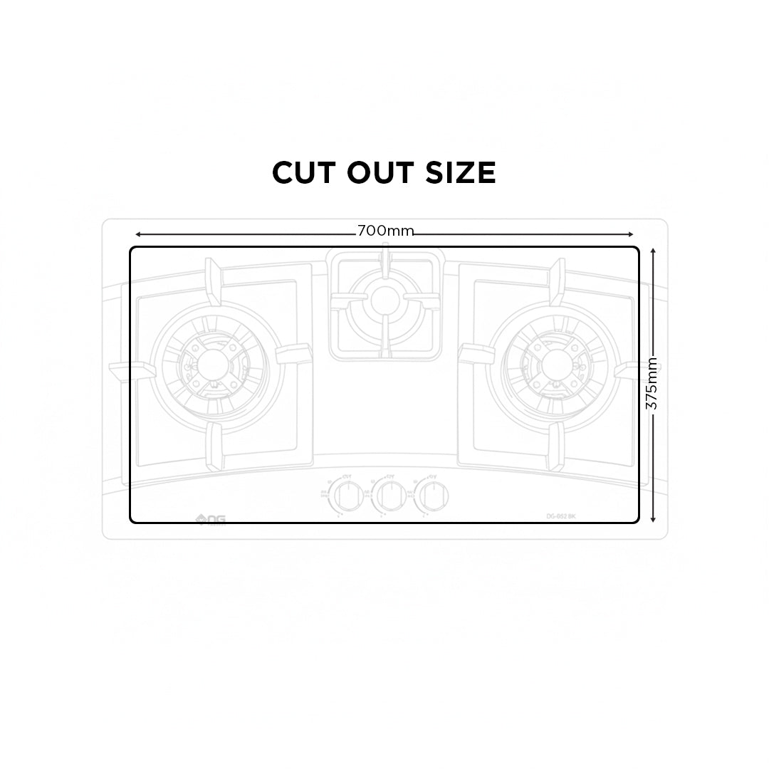 Diagram of a gas stove with dimensions labeled on a white background