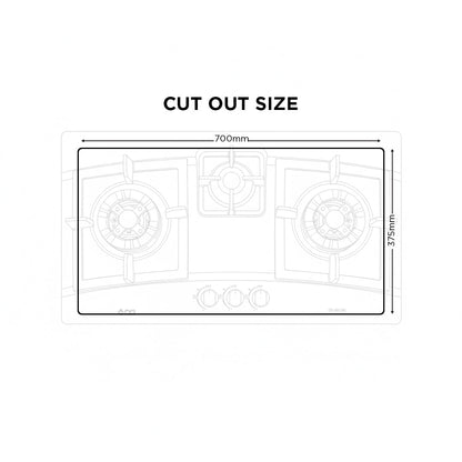 Diagram of a gas stove with dimensions labeled on a white background