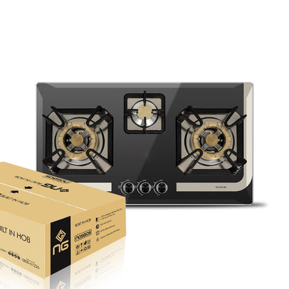 NasGas Built-In 3 Burner Tempered Glass Gas Hob with Cast Iron Supports DG-933 BK