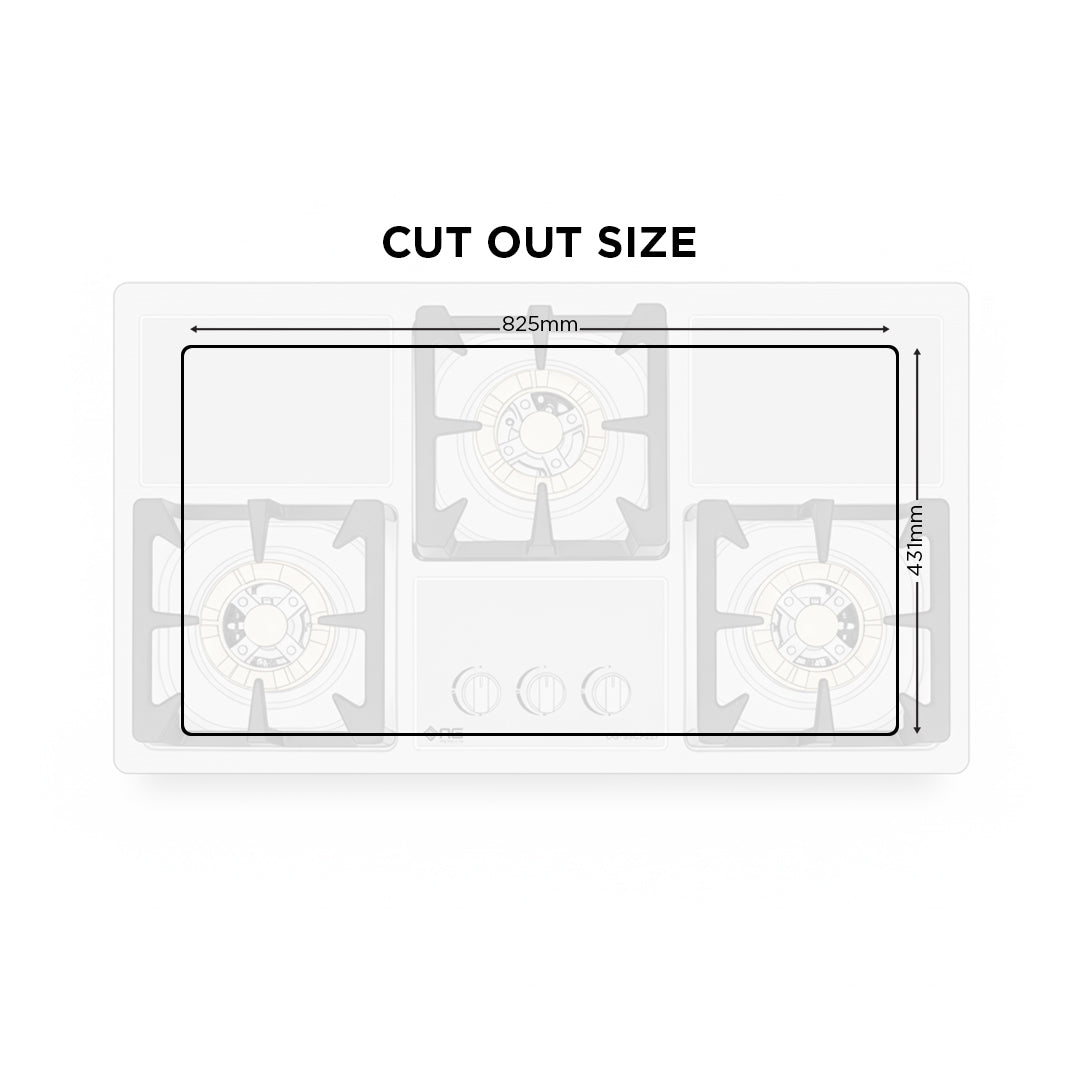 Stove top with dimensions labeled on a white background