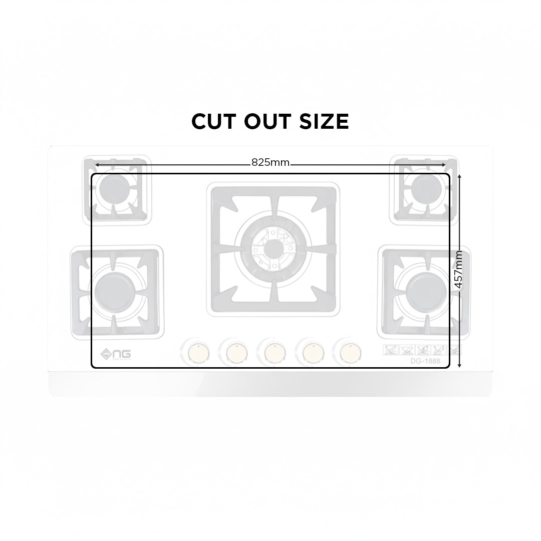 Measurement chart for a gas stove cutout size with dimensions labeled.