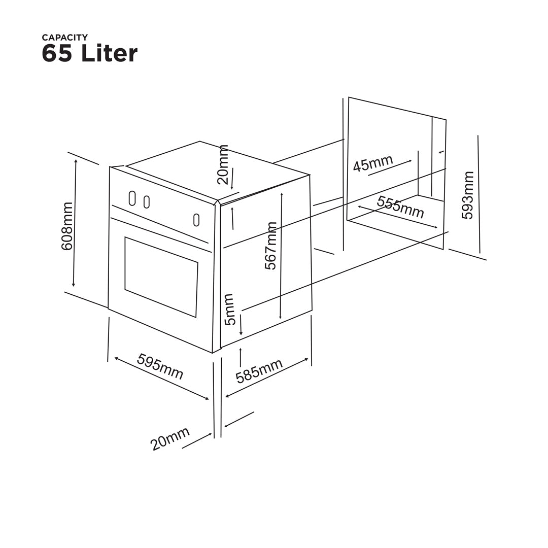 Measurement diagram of a kitchen appliance with dimensions labeled
