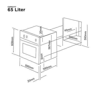 Measurement diagram of a kitchen appliance with dimensions labeled